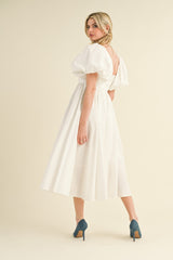 Off White Balloon Sleeve Pleated Midi Dress