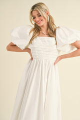 Off White Balloon Sleeve Pleated Midi Dress