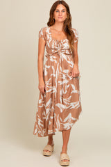 Camel Leaf Print Off Shoulder Smocked Midi Dress