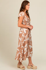 Camel Leaf Print Off Shoulder Smocked Midi Dress