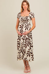 Brown Leaf Print Off Shoulder Smocked Maternity Midi Dress