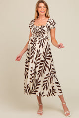 Brown Leaf Print Off Shoulder Smocked Maternity Midi Dress