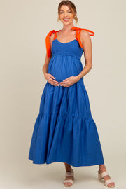 Royal Blue Contrast Shoulder Straps Maternity Maxi Dress