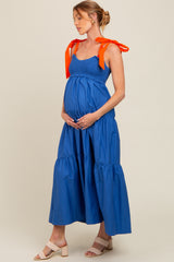 Royal Blue Contrast Shoulder Straps Maternity Maxi Dress