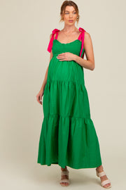 Green Contrast Shoulder Straps Maternity Maxi Dress