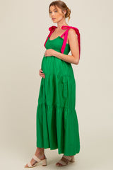 Green Contrast Shoulder Straps Maternity Maxi Dress