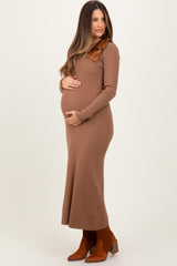 Mocha Shoulder Bow Detail Maternity Midi Knit Dress