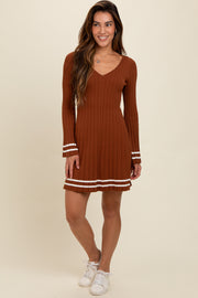 Mocha V-Neck Pleated Knit Dress