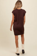 Brown Contrast Stitch V-Neck Maternity Mini Sweater Dress