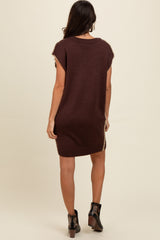 Brown Contrast Stitch V-Neck Mini Sweater Dress