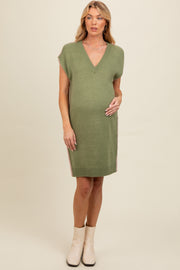 Light Olive Contrast Stitch V-Neck Maternity Mini Sweater Dress