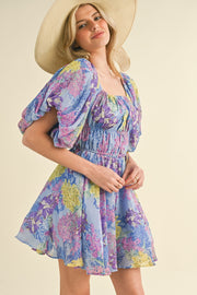 Blue Multi Floral Print Bubble Sleeve Flared Mini Dress