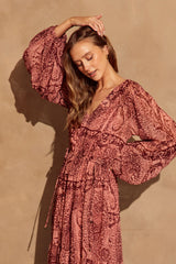 Mauve Wine Printed Bubble Sleeve Tiered Dress