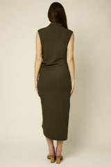 Olive Mock Neck Side Ruched Side Slit Dress