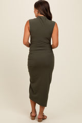 Olive Mock Neck Side Ruched Side Slit Maternity Dress