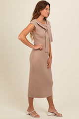 Beige Knit Sleeve Tie Detail Midi Dress