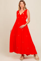 Coral Floral Embroidered Sleeveless Maternity Maxi Dress