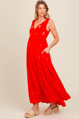 Coral Floral Embroidered Sleeveless Maternity Maxi Dress