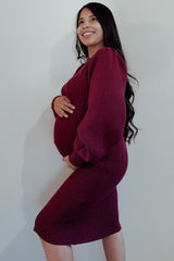 Burgundy Bubble Sleeve Maternity Sweater Dress