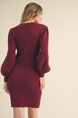 Burgundy Bubble Sleeve Sweater Dress