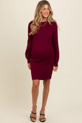 Burgundy Bubble Sleeve Maternity Sweater Dress