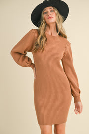 Camel Bubble Sleeve Sweater Dress