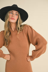 Camel Bubble Sleeve Sweater Dress