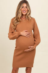 Camel Bubble Sleeve Maternity Sweater Dress