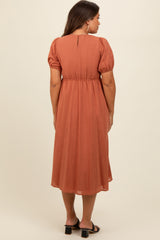 Rust Smocked V-Neck Puff Sleeve Maternity Midi Dress