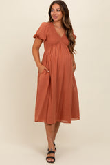 Rust Smocked V-Neck Puff Sleeve Maternity Midi Dress