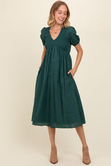 Green Smocked V-Neck Puff Sleeve Maternity Midi Dress