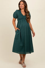 Green Smocked V-Neck Puff Sleeve Maternity Midi Dress