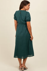 Green Smocked V-Neck Puff Sleeve Maternity Midi Dress