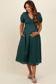 Green Smocked V-Neck Puff Sleeve Maternity Midi Dress