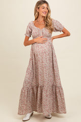 Cream Floral Button Accent Maternity Maxi Dress