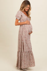 Cream Floral Button Accent Maternity Maxi Dress