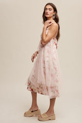 Blush Romantic Floral Print Midi Dress With Drapey Mesh