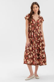 Burgundy Multi Button Down Tiered Floral V Neck Midi Dress