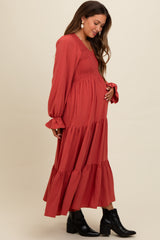 Rust Smocked Tiered Long Sleeve Maternity Maxi Dress