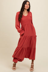 Rust Smocked Tiered Long Sleeve Maxi Dress