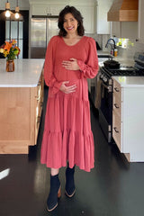 Rust Smocked Tiered Long Sleeve Maternity Maxi Dress