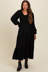 Black Smocked Tiered Long Sleeve Maternity Maxi Dress