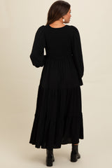 Black Smocked Tiered Long Sleeve Maternity Maxi Dress