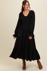 Black Smocked Tiered Long Sleeve Maternity Maxi Dress