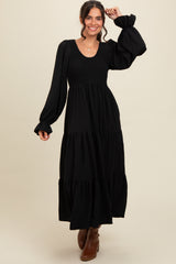 Black Smocked Tiered Long Sleeve Maxi Dress