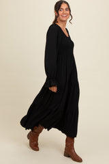 Black Smocked Tiered Long Sleeve Maxi Dress