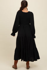 Black Smocked Tiered Long Sleeve Maxi Dress