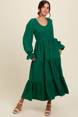 Green Smocked Tiered Long Sleeve Maxi Dress