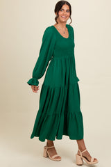 Green Smocked Tiered Long Sleeve Maxi Dress