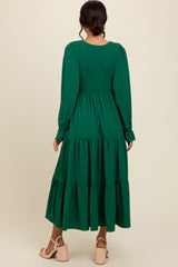 Green Smocked Tiered Long Sleeve Maxi Dress